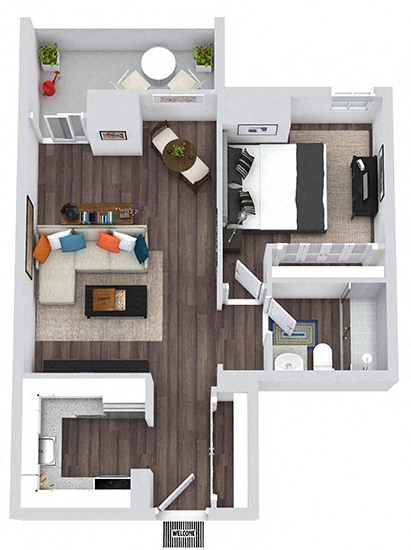 Floor plan for 1 bed, 1 bath, 661 sqft
